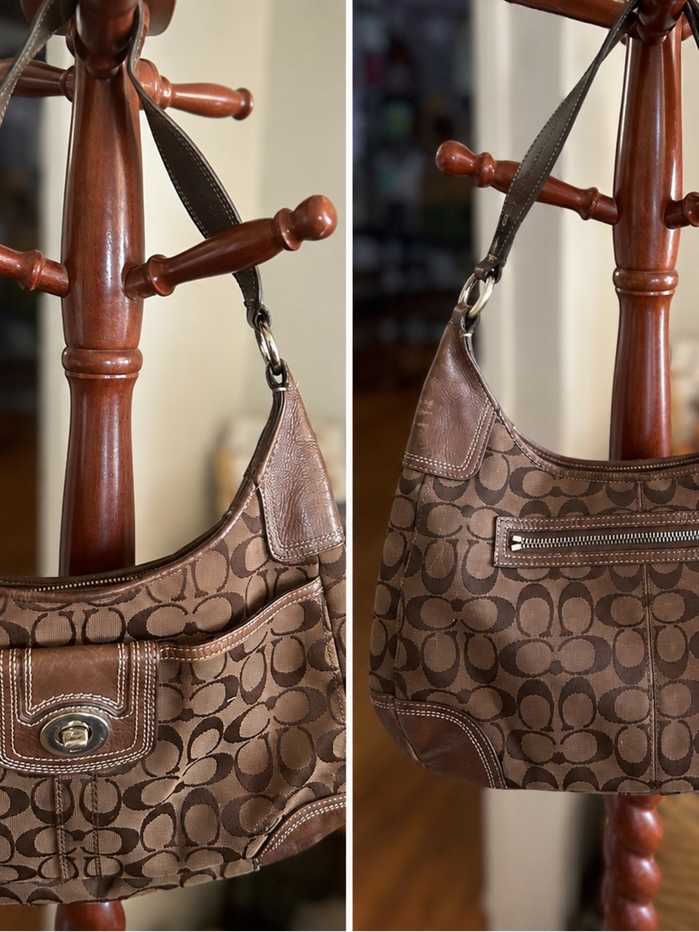 Coach Brown Signature Canvas Shoulder Bag with Leather Trim